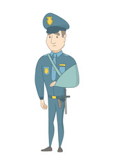 Injured caucasian policeman wearing an arm brace. Young policeman with broken arm in sling. Full length of policeman with injured arm. Vector sketch cartoon illustration isolated on white background.
