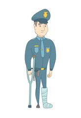 Injured policeman with broken leg on crutches. Full length of young caucasian policeman with broken leg in bandages. Vector sketch cartoon illustration isolated on white background.