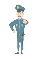 Young caucasian serious police officer in uniform showing on you. Full length of angry police officer pointing at you with a finger. Vector sketch cartoon illustration isolated on white background.