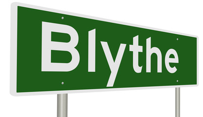 A 3d rendering of a green highway sign for Blythe California