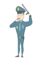 Caucasian police officer in uniform holding a truncheon and whistling. Full length of young police officer with whistle and truncheon. Vector sketch cartoon illustration isolated on white background.