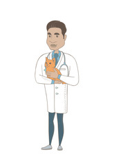 Hispanic veterinarian doctor holding cat. Young veterinarian doctor carrying cat. Veterinarian doctor examining cat. Pet care concept. Vector sketch cartoon illustration isolated on white background.