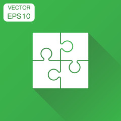 Puzzle game jigsaw icon. Business concept puzzle pictogram. Vector illustration on green background with long shadow.