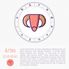 Aries in zodiac wheel, horoscope chart with place for text. Thin line vector illustration.