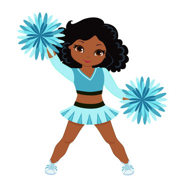 Cheerleader in turquoise uniform with Pom Poms. Vector illustration isolated on white background.