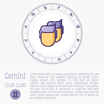 Gemini in zodiac wheel, horoscope chart with place for text. Thin line vector illustration.