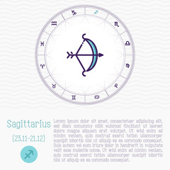 Sagittarius in zodiac wheel, horoscope chart with place for text. Thin line vector illustration.