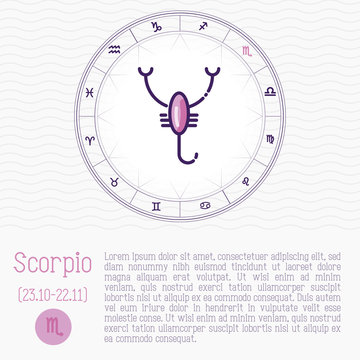 Scorpio in zodiac wheel, horoscope chart with place for text. Thin line vector illustration.