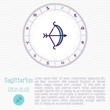 Sagittarius in zodiac wheel, horoscope chart with place for text. Thin line vector illustration.