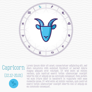 Capricorn in zodiac wheel, horoscope chart with place for text. Thin line vector illustration.