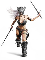 Obraz premium Fierce armed female barbarian warrior running into battle on an isolated white background. 3d rendering illustration
