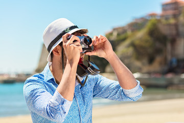 Tourists taking photo in the city at vacation