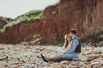 Beautiful bride and groom couple walking at the wedding
