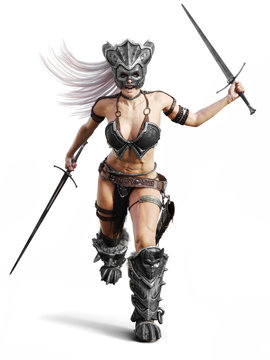 Fierce armed female barbarian warrior running into battle on an isolated white background. 3d rendering illustration