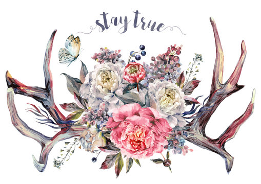 Watercolor Antlers and Flowers. Boho Decoration.