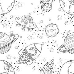 Childish seamless space pattern with planets, UFO, rockets and stars. Black silhouette on white background