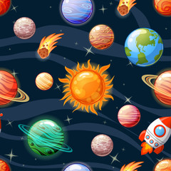 Childish seamless space pattern with Sun, Mercury, Venus, Earth, Mars, Jupiter, Saturn, Uranus, Neptune, Pluto, spaceship, asteroid and stars © alka5051