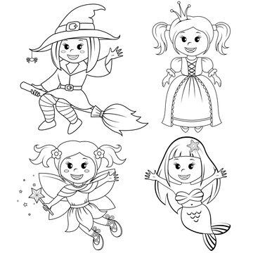 Set of cute fairytale girls. Halloween witch, mermaid, princess and fairy. Black and white vector illustration for coloring book