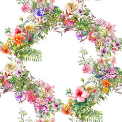 Watercolor painting of leaf and flowers, seamless pattern on white background