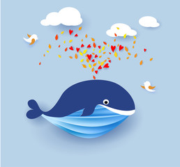 Whale flying on blue sky background. Vector illustration. Paper cut and craft style.