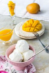 Vanilla ice cream and mango. Light background. Close up. Vertical. Selective focus. Mango Ice cream bowl