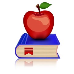 Isolated red apple on blue book bookmark school