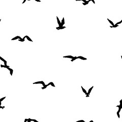 Seagulls - grunge seamless pattern with black little hand-drawn birds