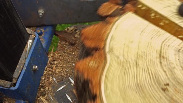 Using a wood splitter - top down perspective, close up.