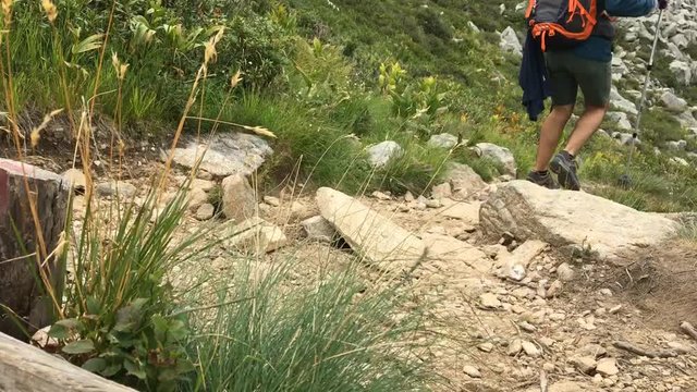 Ragazzo passeggia in montagna dal basso
