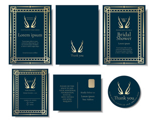 Set of Gold frame Morocco style on blue wedding invitation card.Vector/Illustration