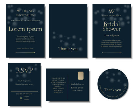 Set of light decoration on wedding invitation card. Rsvp card. Thank you card.Bridal Shower card.Vector / Illustration