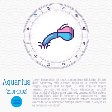 Aquarius in zodiac wheel, horoscope chart with place for text. Thin line vector illustration.