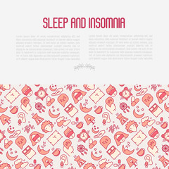 Sleep and insomnia concept with thin line icons: man in sleeping mask, comfortable pillow, alarm, aroma lamp, earplugs, sheep. Vector illustration for banner, web page, print media.