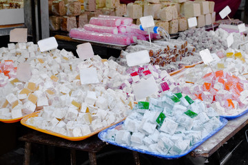 Different tasty Turkish delight at market