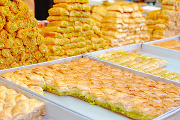 Tasty fresh baklava at market