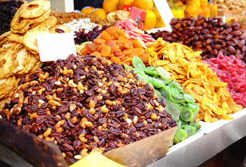 Different dried fruits at market