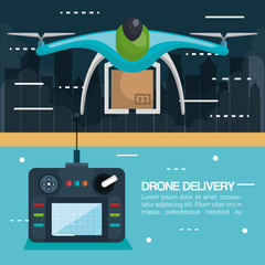 modern delivery of the package by flying drone with control vector illustration