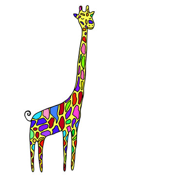 Cartoon style, small, funny animal, multicolored specks giraffe, isolated on white background.