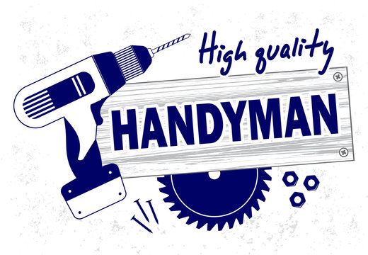 Professional handyman services logo. Drill, circular saw and wooden board. Stock vector. Flat design.