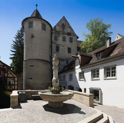 Fototapeta na wymiar Bear fountain and old castle in Meersburg - Meersburg, Lake Constance, Baden-Wuerttemberg, Germany, Europe