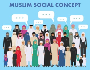 Family and social concept. Arab person generations at different ages. Group young and old muslim people standing together in different traditional islamic clothes on white background in flat style.