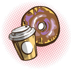 Vector chocolate donuts and cup of coffee. Cartoon pop art comic style.