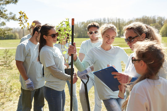 group of volunteers with tree seedlings in park