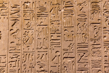 Hieroglyphic carvings on the exterior walls of an ancient egyptian temple