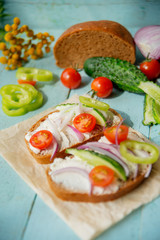 Fototapeta na wymiar Wholesome sandwich with cheese, garden radish -Healthy Eating