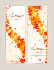 Collection of autumn sale and other typography flyer template with lettering. Bright fall leaves. Poster, card, label, banner design set. Vector