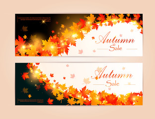 Collection of autumn sale and other typography flyer template with lettering. Bright fall leaves. Poster, card, label, banner design set. Vector