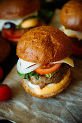 Big sandwich - hamburger with juicy chicken burger, cheese, tomato, and red onion on black background