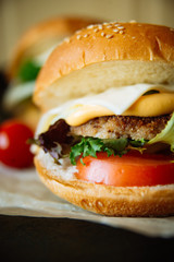 Sandwich hamburger with juicy burgers, cheese and mix of cabbage. Top view