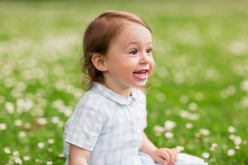 happy baby girl on green summer field